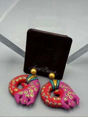 Laurel Burch Colorful Hand-Painted Pink & Red Snake Drop Earrings